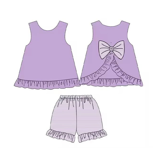 preorder GSSO2398 Purple Bow Sleeveless Ruffle Striped Shorts Sets Girls Boutique Outfit 202503