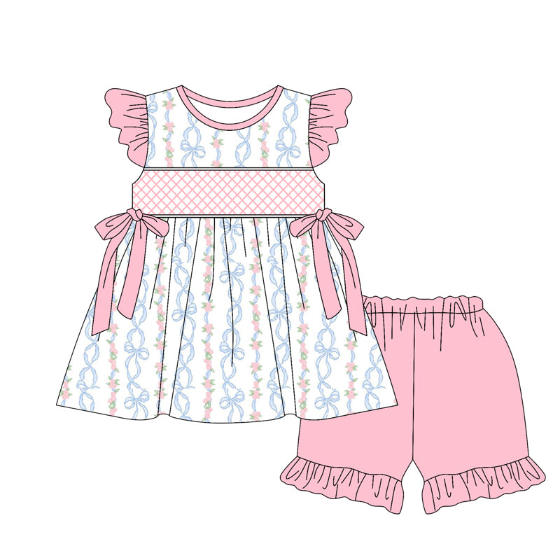 preorder GSSO2399 Pink Blue Bows Flower Fly Sleeve Ruffle Shorts Sets Girls Boutique Outfit 202503