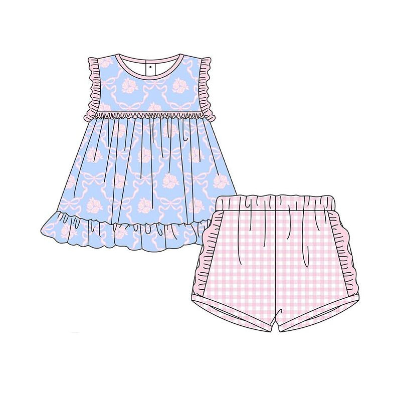 preorder GSSO2403 Blue Pink Flower Bows Ruffle Sleeveless Shorts Sets Girls Boutique Outfit 202503