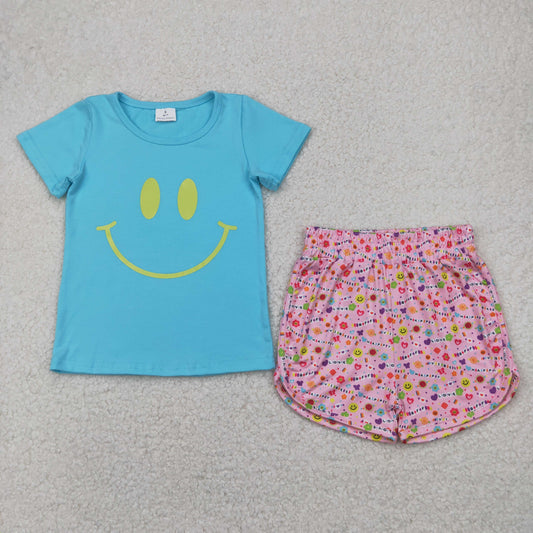 GSSO2411 Offset Print Smile Face Mint Blue Short Sleeve Pink Bow Letter Flower Shorts Sets Girls Boutique Outfit 202504 RTS