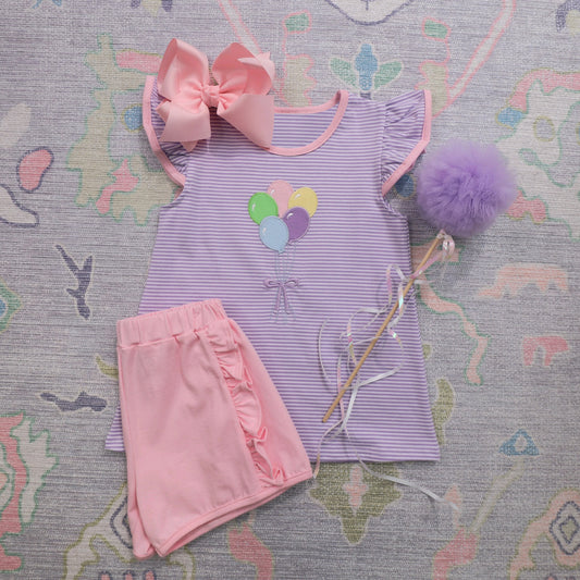 preorder Purple Striped Balloon Fly Sleeve Pink Ruffle Shorts Sets Girls Boutique Outfit 202503