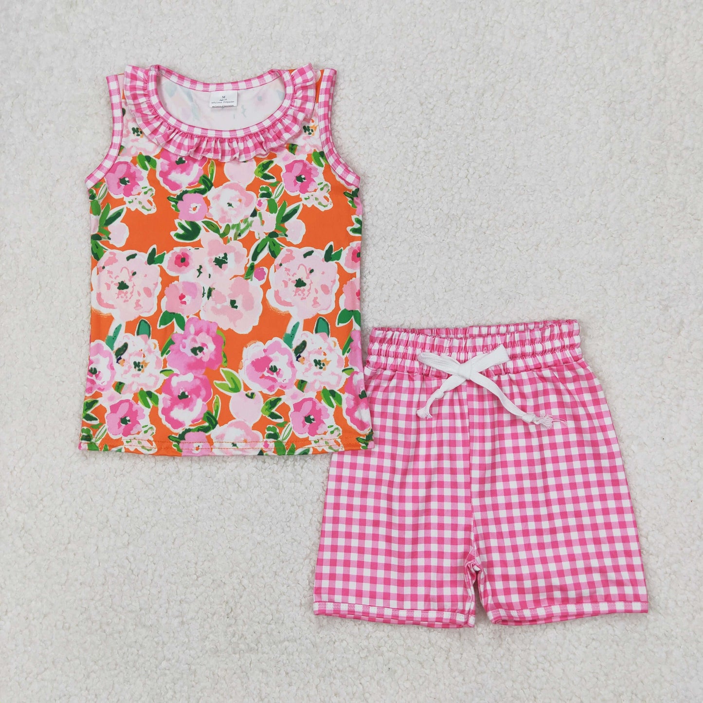 GSSO2413 Pink Plaid Ruffle Orange Flower Sleeveless top shorts set Girls Boutique outfit 202503 RTS
