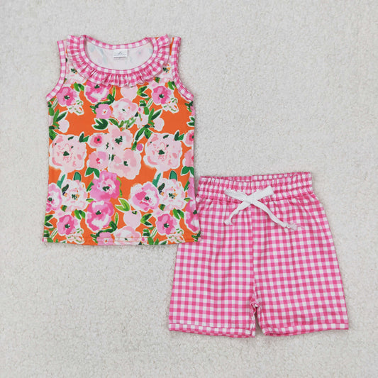 GSSO2413 Pink Plaid Ruffle Orange Flower Sleeveless top shorts set Girls Boutique outfit 202503 RTS