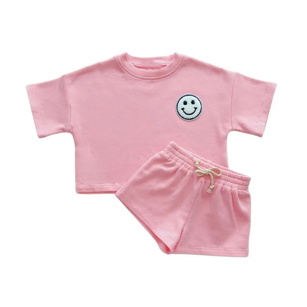 preorder GSSO2423 Pink Smile Face Short Sleeve Top Shorts Sets Girls Boutique Outfit 202503