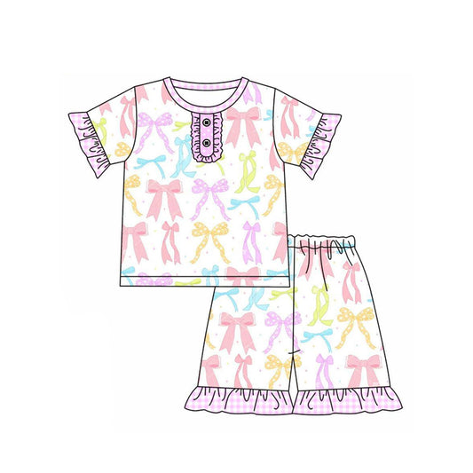 preorder GSSO2427 Pink Ruffle Bows Short Sleeve Top Shorts Pajamas Sets Girls Boutique Outfit 202503