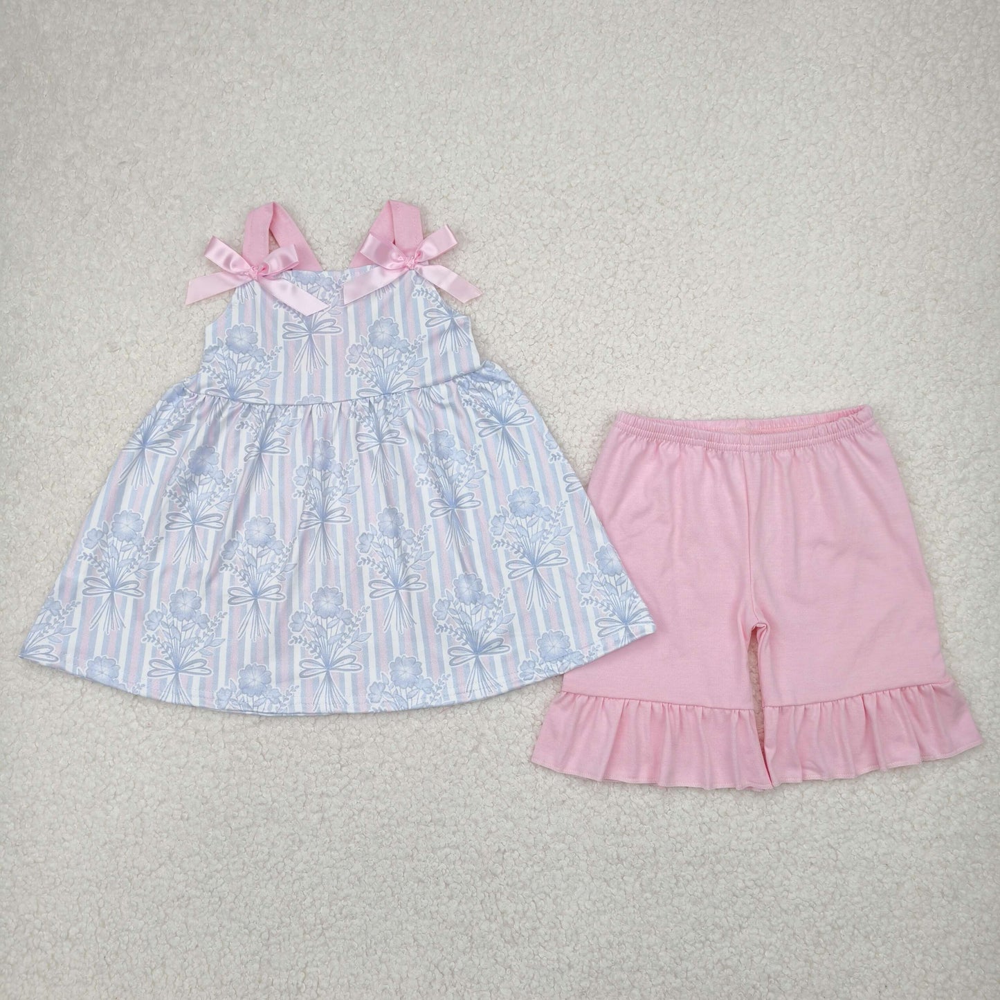 GSSO2429 Blue Pink Stripe Flower Bows Ruffle Sleeveless Top Shorts Sets Girls Boutique Outfit 202504 RTS