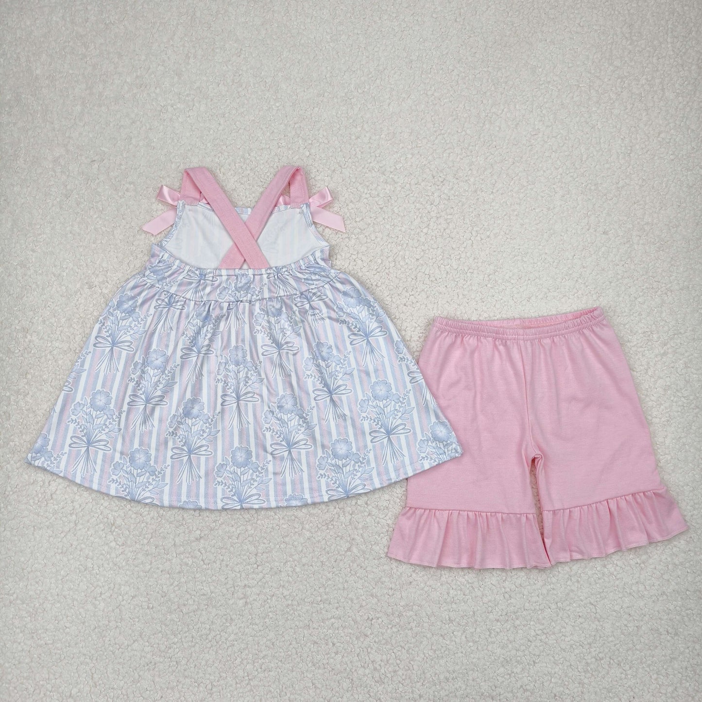 GSSO2429 Blue Pink Stripe Flower Bows Ruffle Sleeveless Top Shorts Sets Girls Boutique Outfit 202504 RTS
