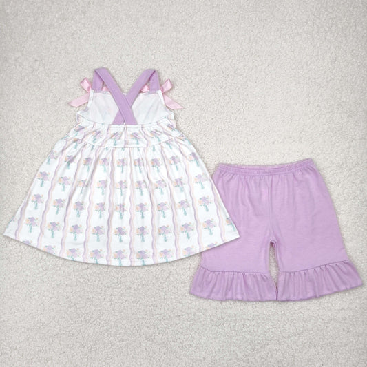 GSSO2430 Purple White Flower Striped Bows Ruffle Sleeveless Top Shorts Sets Girls Boutique Outfit 202504 RTS