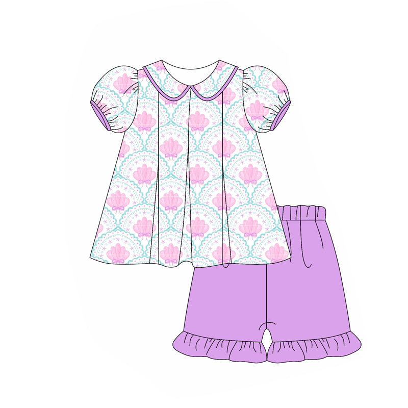 preorder GSSO2431 Rose Red Star shell Bows Ruffle puff Short Sleeve Top Shorts Sets Girls Boutique Outfit 202503