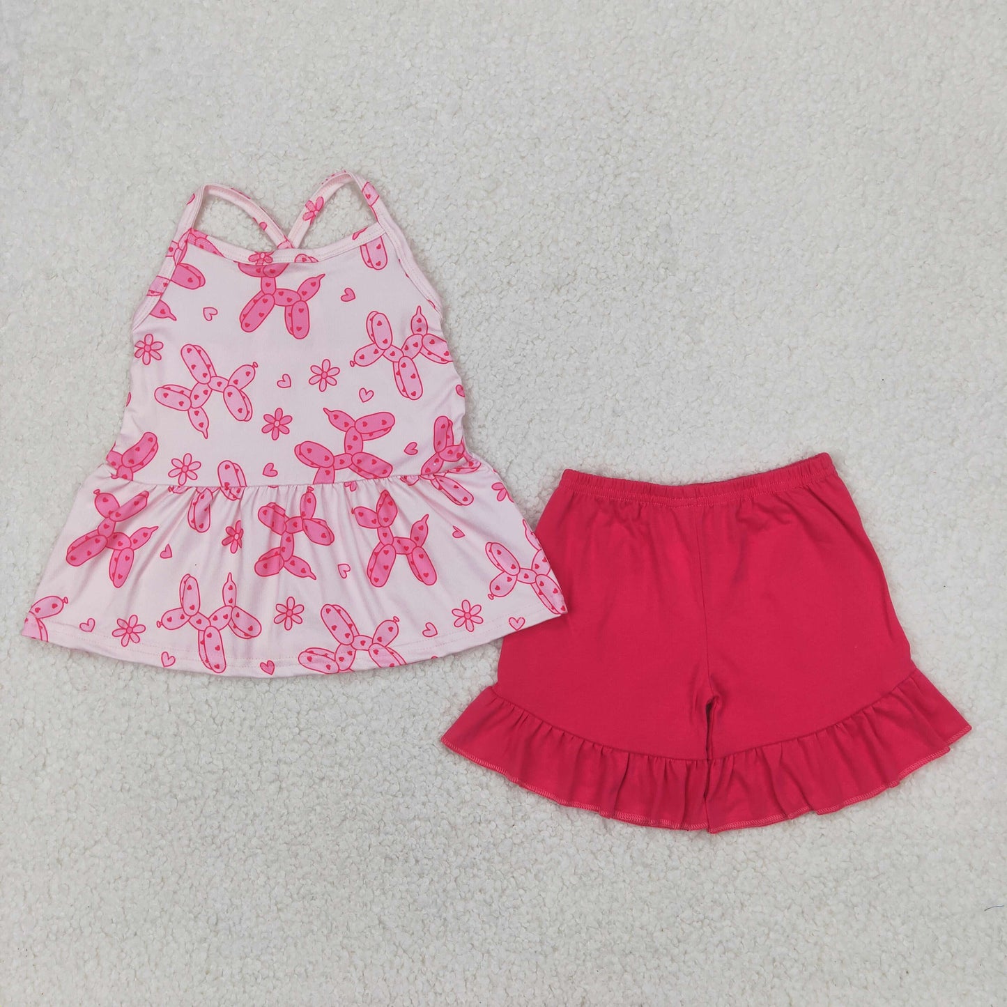 GSSO2439  Balloon Puppy Love Rose Red Sleeveless Top Ruffle Shorts Sets Girls Boutique Outfit 202504 RTS