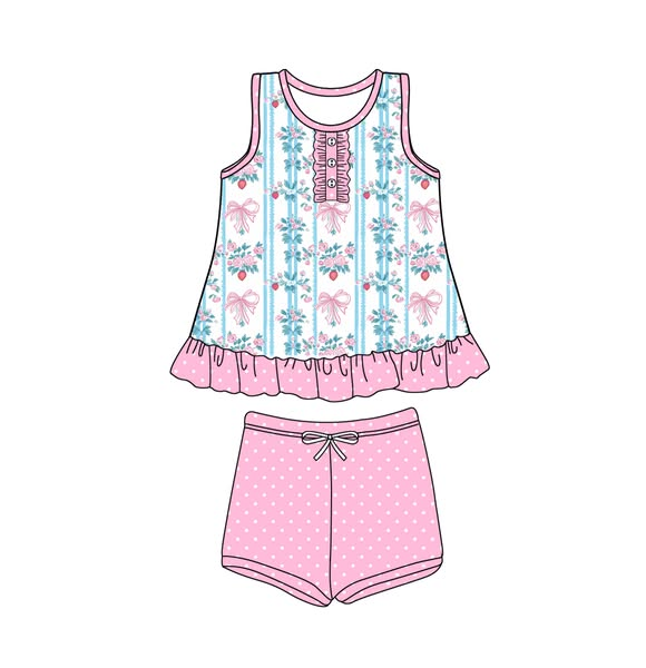 preorder GSSO2443 Blue Green Flower Bows Pink Ruffle Sleeveless Shorts Sets Girls Boutique Outfits 202504 03