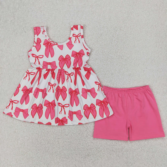 GSSO2450 Rose Red Bows White Sleeveless Top Shorts Sets Girls Boutique Outfits 202503