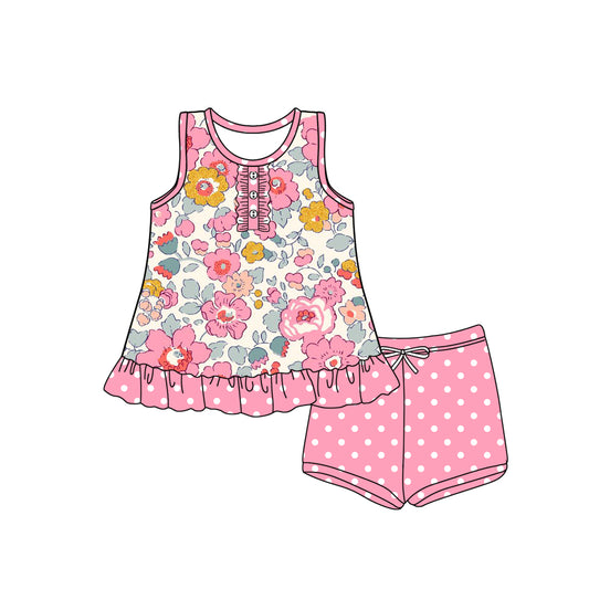 preorder GSSO2452 Pink Flower Dot Ruffle Sleeveless Top Shorts Sets Girls Boutique Outfits 202503