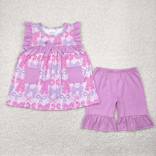 GSSO2462 Pink Bows Ruffle Pocket Sleeveless Shorts Sets Girls Boutique Outfits 202504 RTS