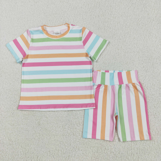 GSSO2468 Summer Girls Colored Stripe Short Sleeve Top Shorts Sets Boutique Outfits 202505 RTS