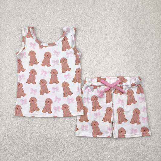 GSSO2475 puppy pink bows white sleeveless top shorts sets girls boutique outfits 202504 RTS