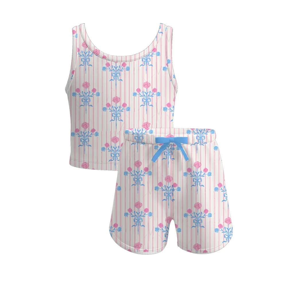 preorder GSSO2477 pink blue striped flower sleeveless top shorts sets girls boutique outfits 202503