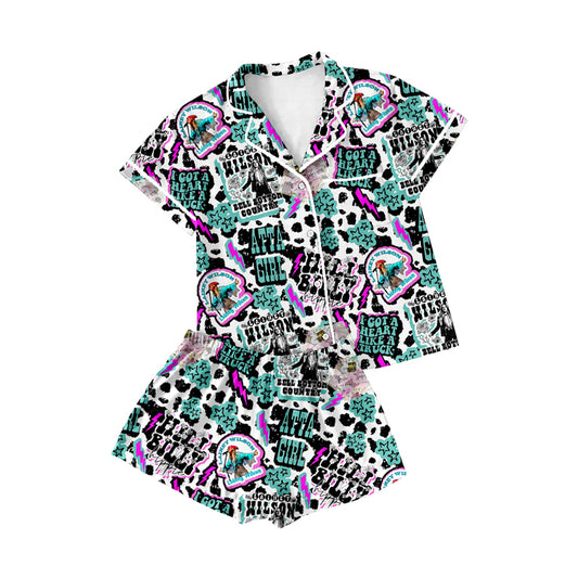 preorder GSSO2486 Women Wilson Blue Green Lightning Cow Button Short sleeve Top shorts pajamas set boutique outfit 202503