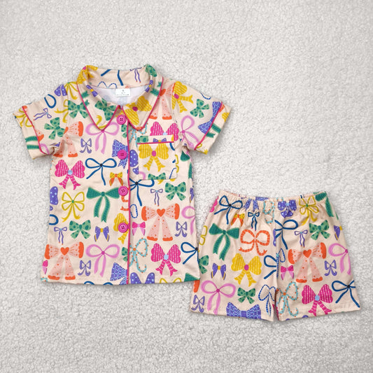 GSSO2487 Baby Girl clothes colored bows beige button short sleeve top shorts pajamas Boutique Summer clothes  202504 RTS
