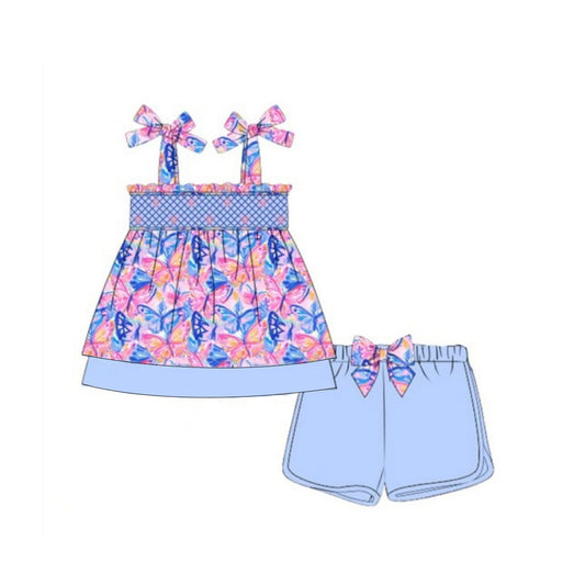 preorder GSSO2491 Blue Pink Bows Ruffle Sleeveless Top Shorts Set Girls Boutique Outfit 202503