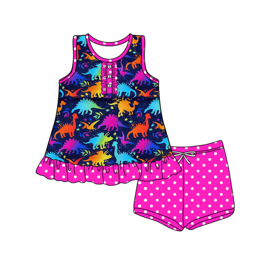 preorder GSSO2492 Colored Dinosaur Rose Red Dot Sleeveless Top Shorts Set Girls Boutique Outfit 202503