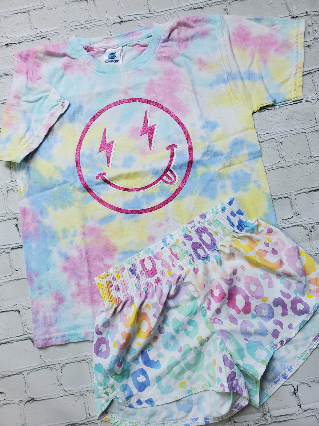 preorder GSSO2495 blue yellow stains smile lightning short sleeve top shorts sets Girls Boutique Outfit 202503