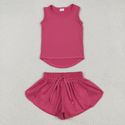 GSSO2500 Pure Rose Red Yoga Milk Silk Sleeveless Top Shorts Set Girls Boutique Outfit 202505 RTS