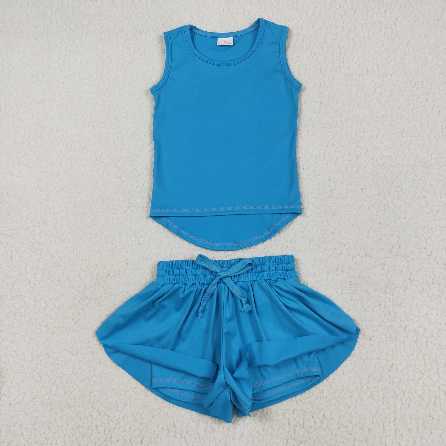 GSSO2504 Pure Blue Yoga Milk Silk Sleeveless Top Shorts Set Girls Boutique Outfit 202505 RTS