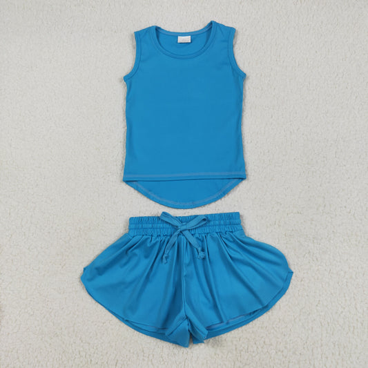 GSSO2504 Pure Blue Yoga Milk Silk Sleeveless Top Shorts Set Girls Boutique Outfit 202505 RTS