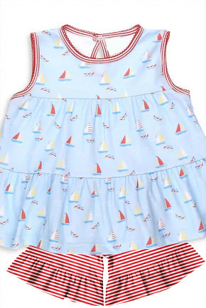 Preorder GSSO2513 blue sailboat red plaid sleeveless top shorts set girls boutique outfit 202503