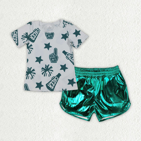 GSSO2517 4th of July white green cheer star fireworks short sleeve top leather shorts set girls boutique outfit 202506 RTS