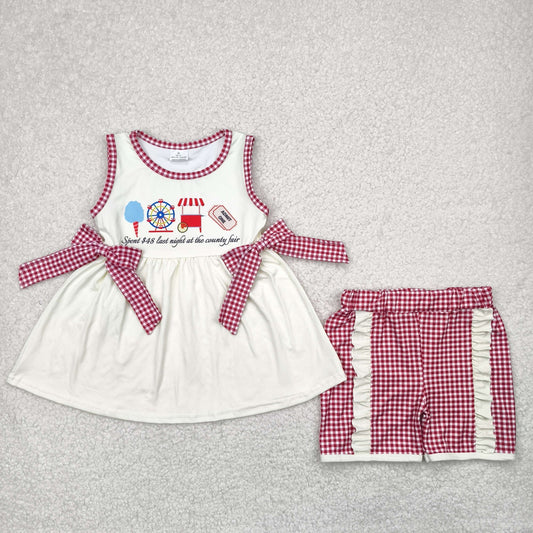 GSSO2518 letter ferris wheel beige bows sleeveless top red plaid shorts set girls boutique outfit 202504 RTS