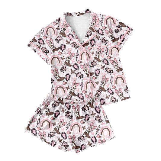 preorder GSSO2519 Women Clothing Pink Boots Flower Button Short Sleeve Top Shorts Pajamas Set Boutique Outfit 202503