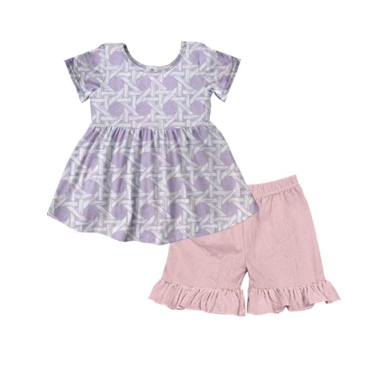 Preorder GSSO2529  purple pink ruffle short sleeve top shorts set girls boutique outfit 202503