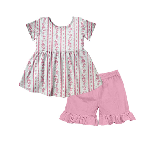 Preorder GSSO2530 pink flower striped ruffle short sleeve top shorts set girls boutique outfit 202503