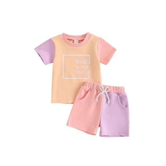 Preorder GSSO2531 Mama is my bestie pink purple match color short sleeve top shorts set girls boutique outfit 202503