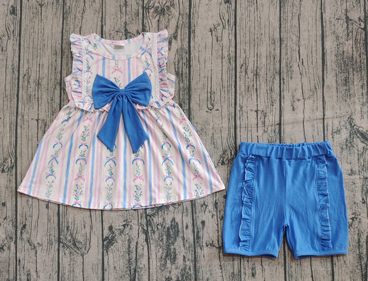 Preorder GSSO2533 flower blue big bow striped pink sleeveless top shorts girls set 202508