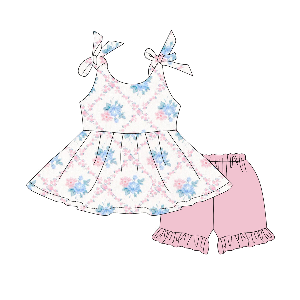 Preorder GSSO2537 pink blue flower ruffle sleeveless top shorts set girls boutique outfit 202503