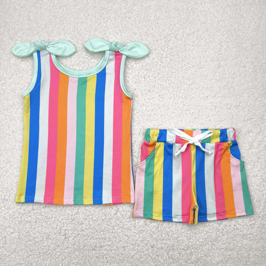 GSSO2540 Colored Stripe Sleeveless Top Shorts Sets Girls Boutique Outfits 202504 RTS
