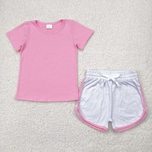 GSSO2543 Pink Short Sleeve Top Stripe Shorts Sets Girls Boutique Outfits 202504 RTS