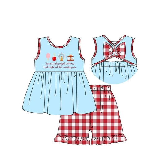 preorder GSSO2544 Letter Ferris wheel Blue Sleeveless Top Red Plaid Shorts Sets Girls Boutique Outfits 202504