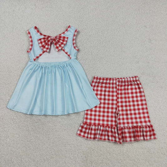 GSSO2544 Letter Ferris wheel Blue Sleeveless Top Red Plaid Shorts Girls Sets 202603 RTS