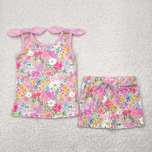 GSSO2551 Colored Flower Pink Sleeveless Top Shorts Sets Girls Boutique Outfits 202505 RTS