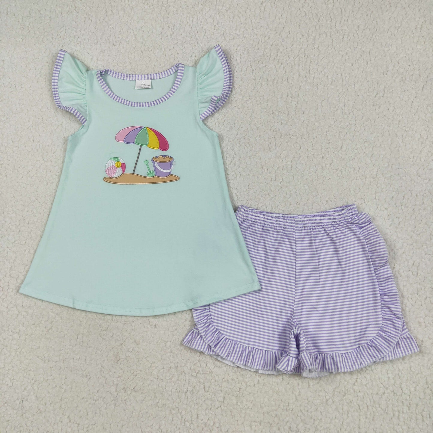 GSSO2553 Embroidered Beach Sun Umbrella Blue Purple Flying Sleeve Top Shorts Sets Girls Boutique Outfits 202505 RTS