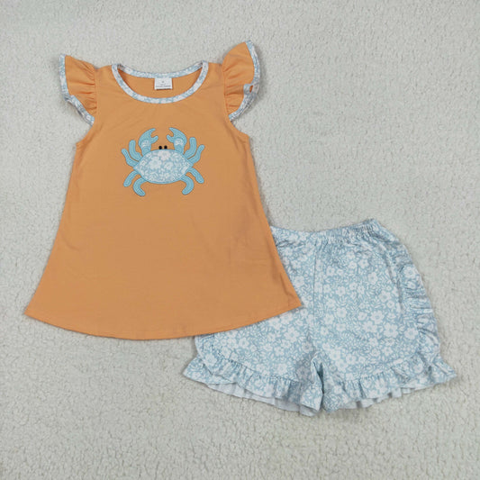 GSSO2555 Embroidered Crab Orange Green Flying Sleeve Top Shorts Sets Girls Boutique Outfits 202505 RTS