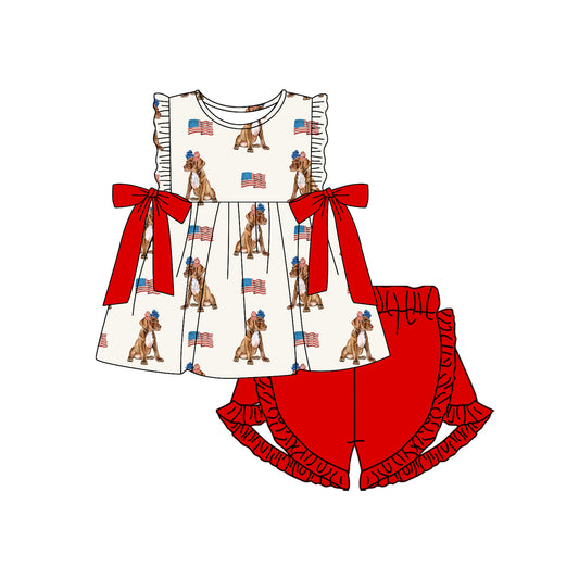 preorder GSSO2560 4th of July Flag Puppy Red Bows Beige Ruffle Sleeveless Top Shorts Sets Girls Boutique Outfits 202504
