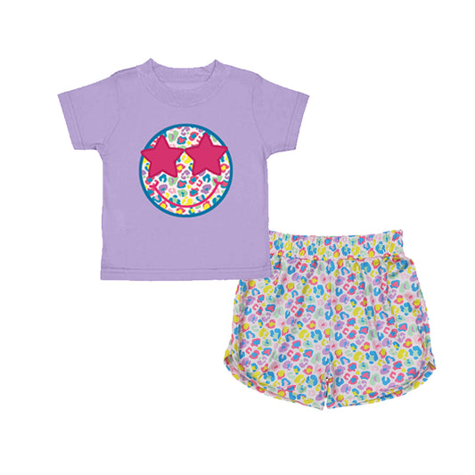 preorder GSSO2562 Smile face Purple Short Sleeve Top Colored Leopard Shorts Sets Girls Boutique Outfits 202504