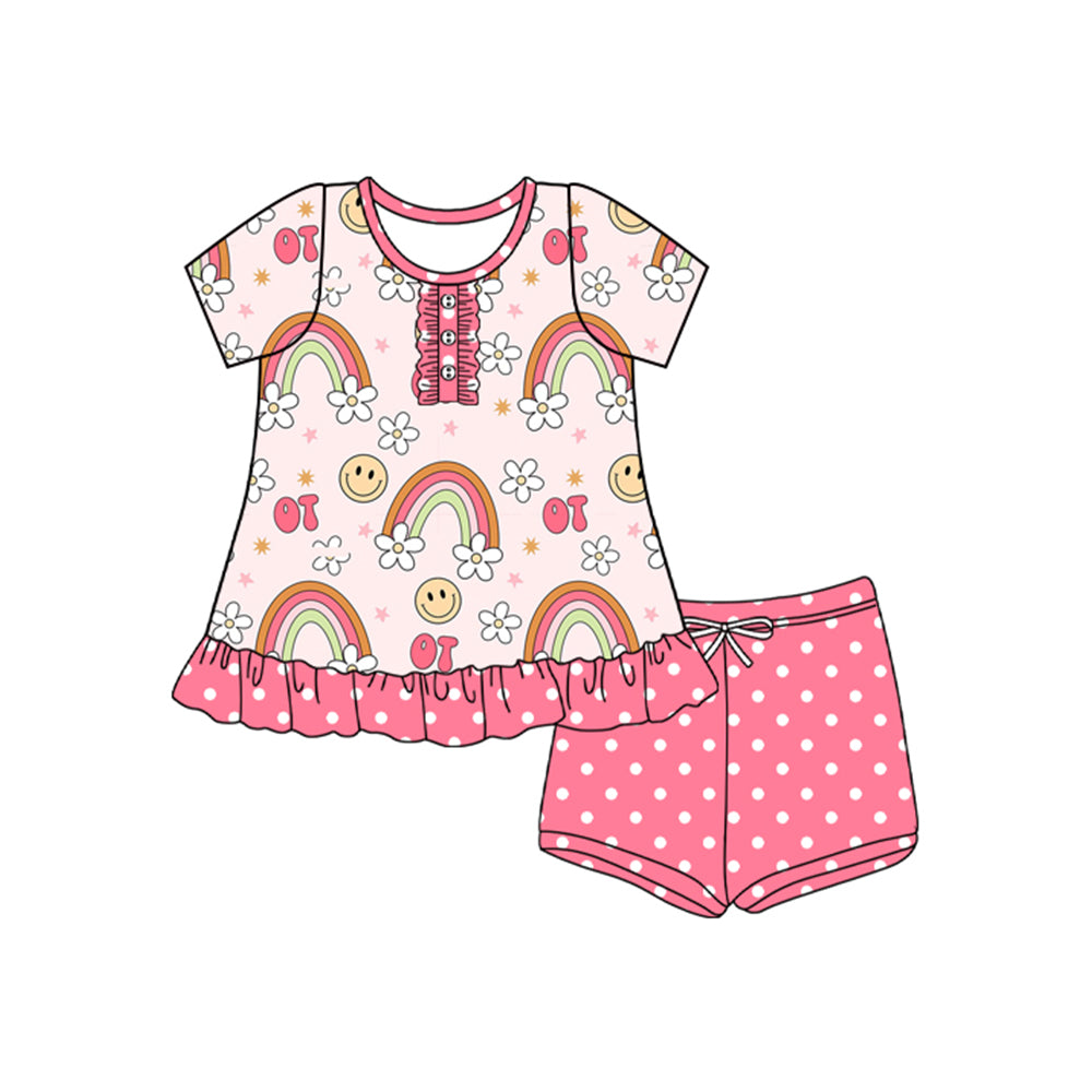 preorder GSSO2564 Pink Flower Rainbow Smile Face Short Sleeve Top Dot Shorts Sets Girls Boutique Outfits 202504