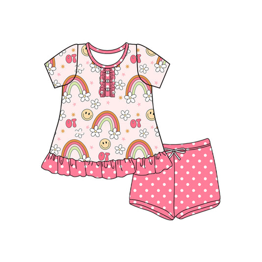 preorder GSSO2564 Pink Flower Rainbow Smile Face Short Sleeve Top Dot Shorts Sets Girls Boutique Outfits 202504