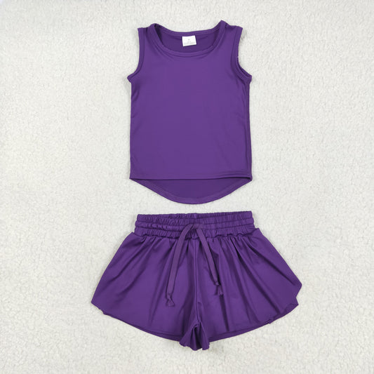 GSSO2573  Yoga outfit Pure Dark Purple Sleeveless top shorts 2 pieces set Girls Boutique outfit 202505 RTS